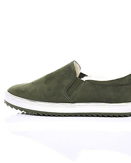 360 degree animation of product Khaki faux fur lined slip on trainers frame-21