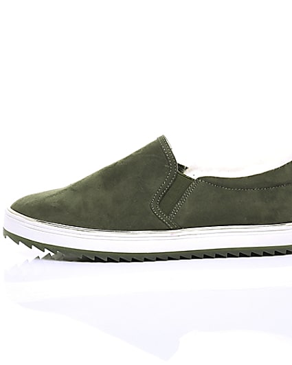360 degree animation of product Khaki faux fur lined slip on trainers frame-22