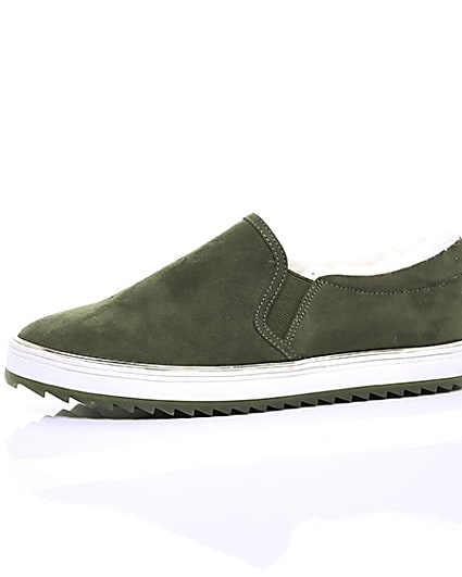 360 degree animation of product Khaki faux fur lined slip on trainers frame-23