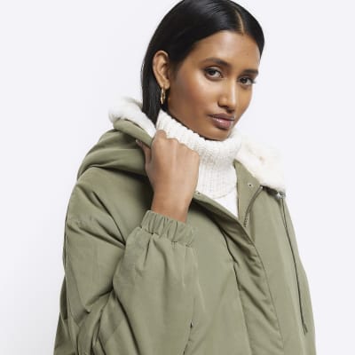 River Island faux fur lined parka jacket in khaki