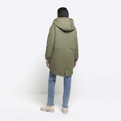 River Island faux fur lined parka jacket in khaki