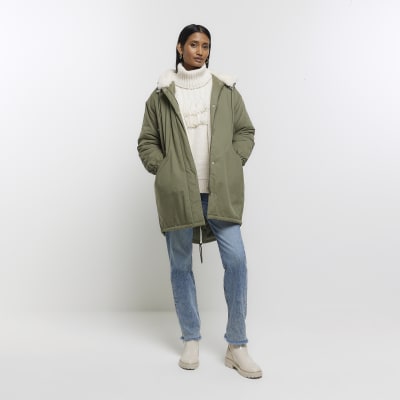 Khaki faux fur lining parka coat