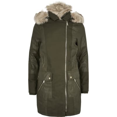 khaki faux fur trim parka coat