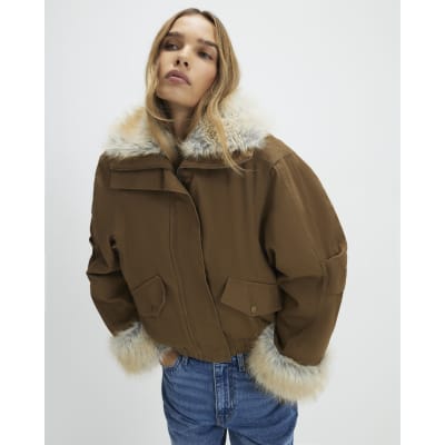 Khaki Faux Fur Trim Short Parka Jacket