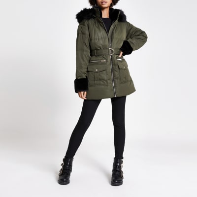 belted padded coat with hood