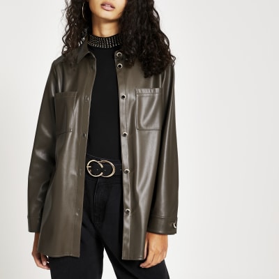 Khaki faux leather jacket