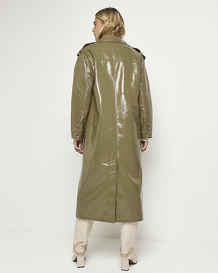 Khaki faux leather longline vinyl coat