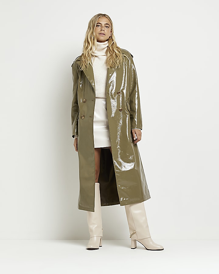 Khaki faux leather longline vinyl coat