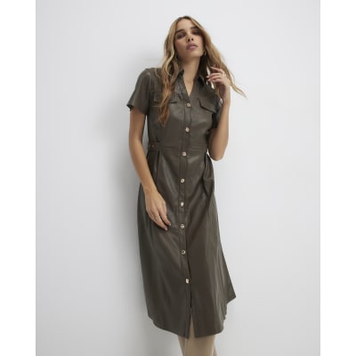 Khaki Faux Leather Midi Shirt Dress