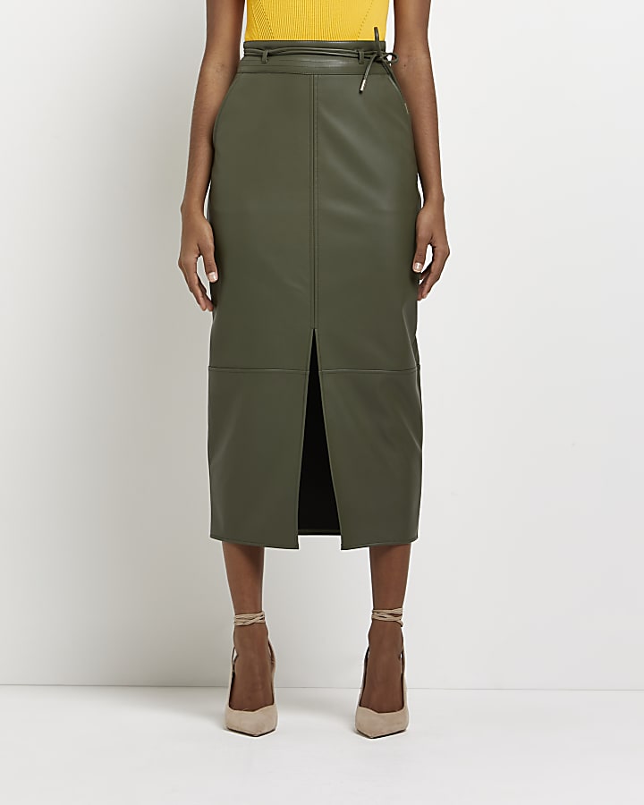 Khaki faux leather midi skirt