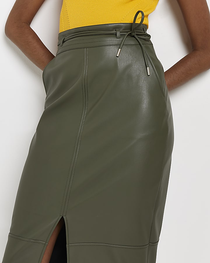 Khaki faux leather midi skirt