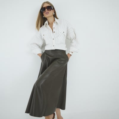 Khaki Faux Leather Midi Skirt