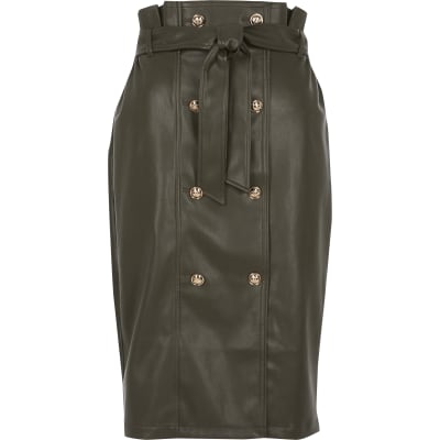 khaki faux leather skirt