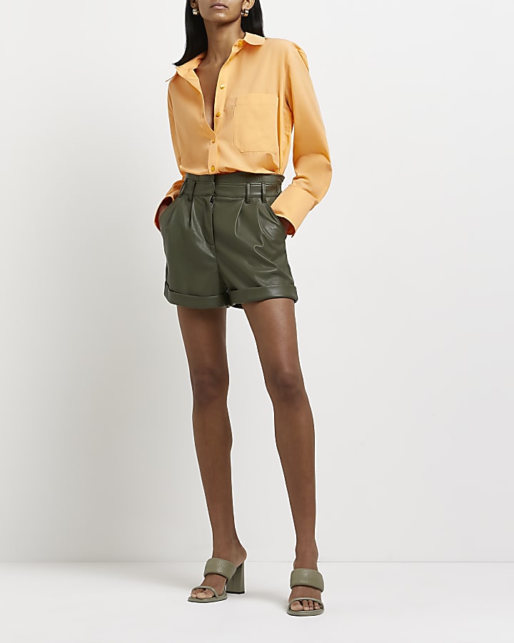 Khaki faux leather shorts