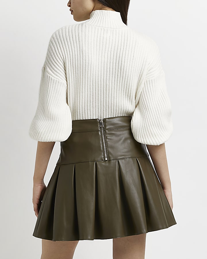 Khaki faux leather tennis skirt