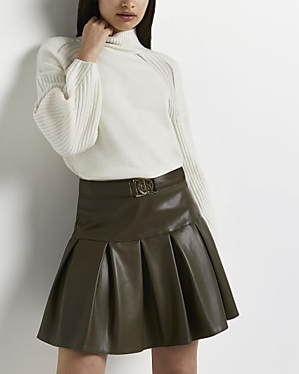 Khaki faux leather tennis skirt