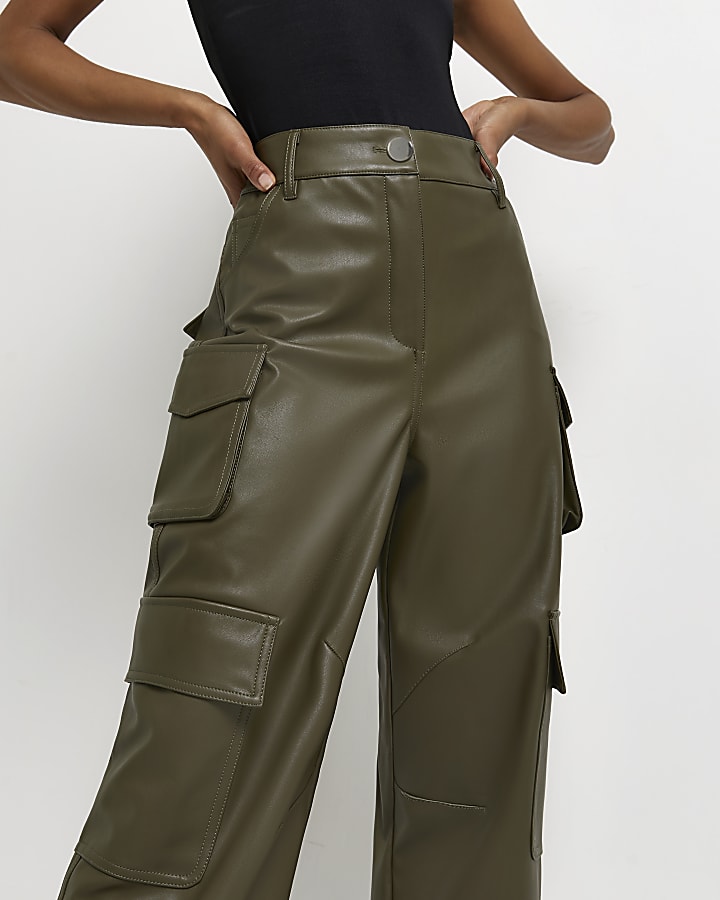 Khaki faux leather utility trousers