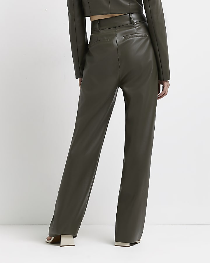 Khaki faux leather wide leg trousers