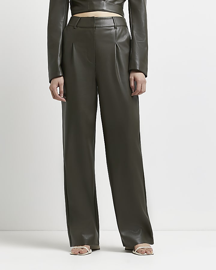 Khaki faux leather wide leg trousers