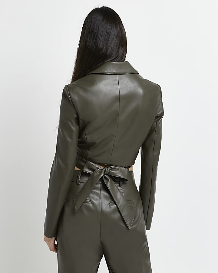 Khaki faux leather wrap cropped blazer