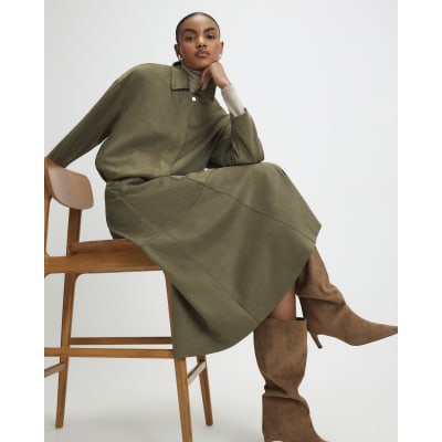 Khaki Faux Suede Full Circle Midi Skirt