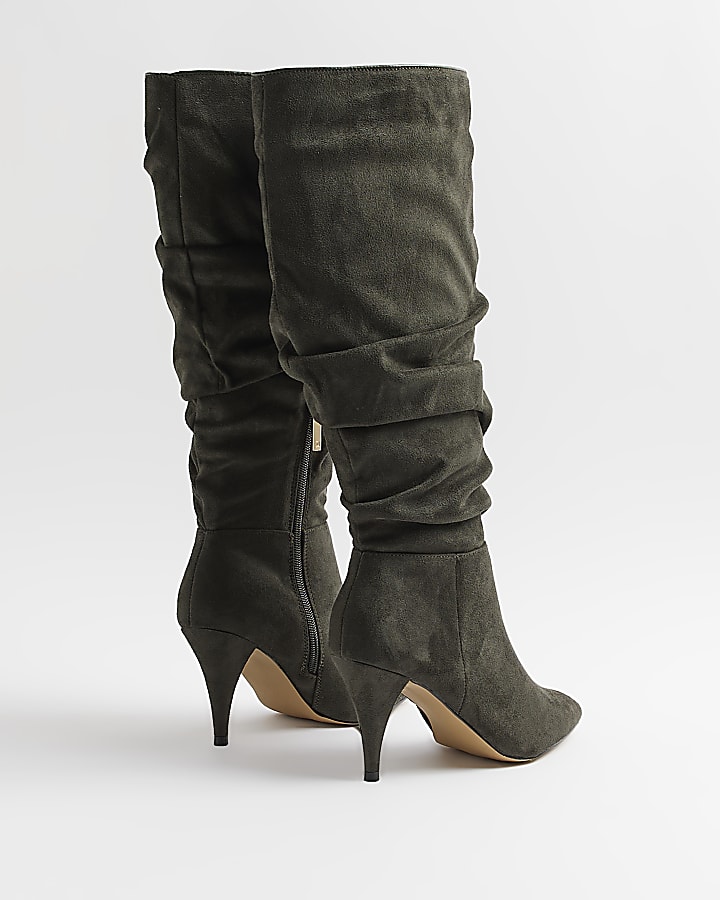 Khaki faux suede knee high heeled boots