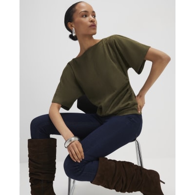Khaki Faux Suede Short Sleeve Ruched Side Top