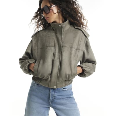 Khaki Faux Suede Shoulder Detail Jacket