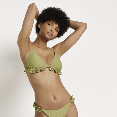 Khaki frill triangle bikini top