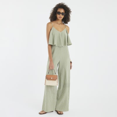 Khaki Gingham Double Layer Wide Leg Jumpsuit