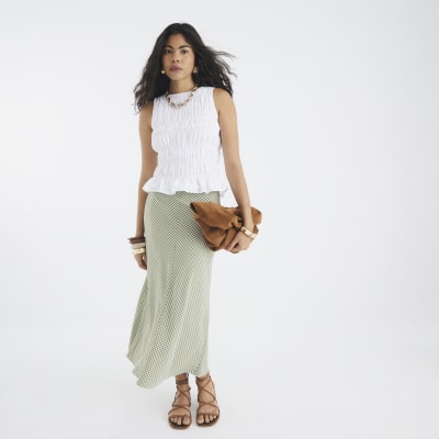 Khaki Gingham Midi Skirt