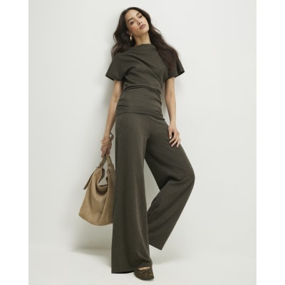 Khaki Glitter Wide Leg Trousers