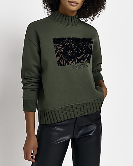 Khaki graphic high neck sweatshirt