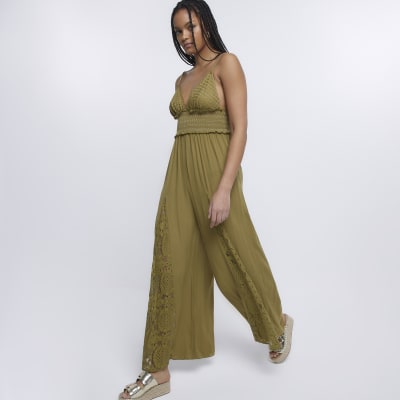 Khaki Green Lace Cami Jumpsuit River Island