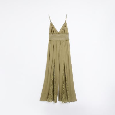 Khaki Green Lace Cami Jumpsuit River Island
