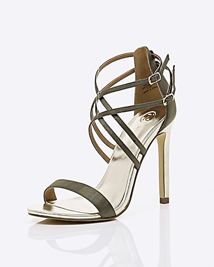 360 degree animation of product Khaki green satin caged sandals frame-0