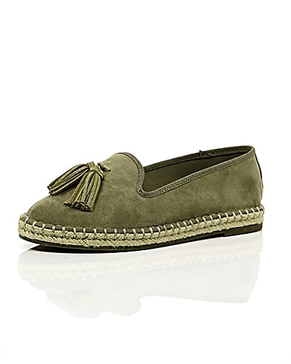 360 degree animation of product Khaki green wide fit tassel espadrilles frame-0