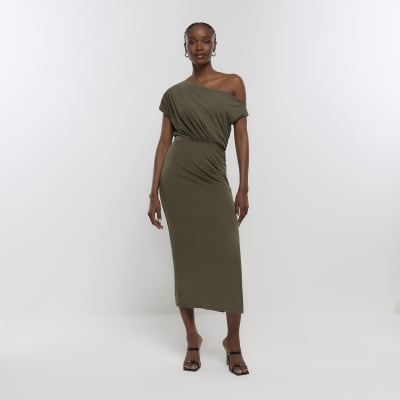 Khaki Grown On Sleeve Drape Midi Dress