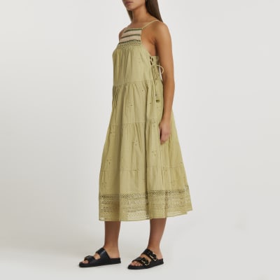 Khaki Beach Picnic UPF50+ Split Neck Travel Dress