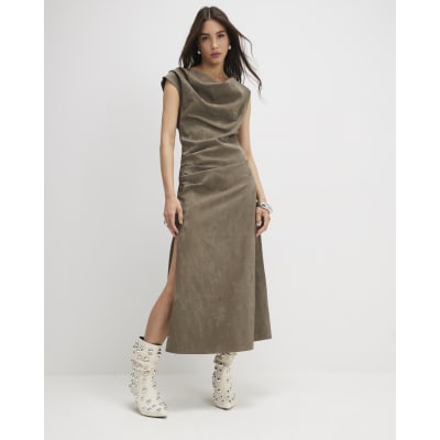 Khaki Hammered Effect Cowl Neck Midi Dress