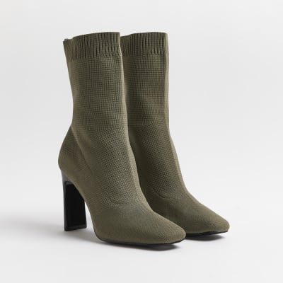 Khaki heeled sock boots River Island