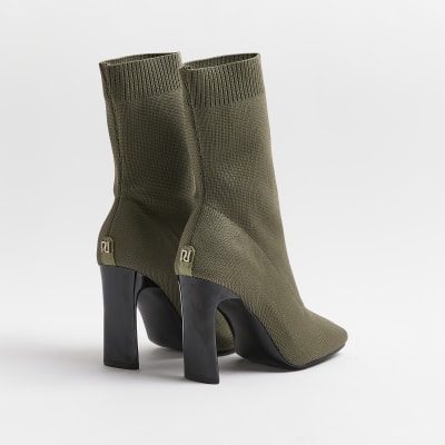 Khaki heeled sock boots River Island