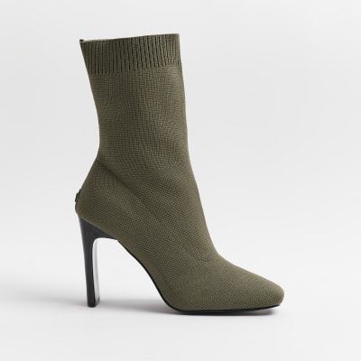Khaki heeled sock boots River Island