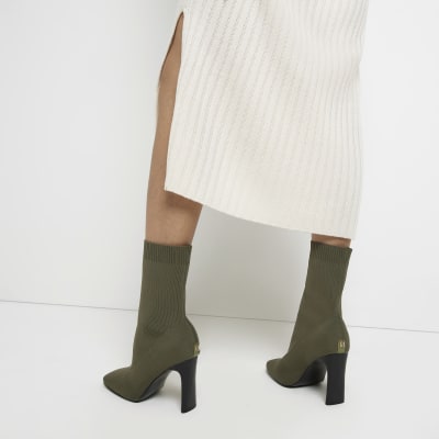 Khaki heeled sock boots River Island