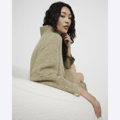 Khaki High Neck Jumper Mini Dress River Island