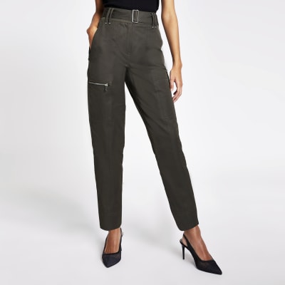 Khaki high rise belted cargo trousers | River Island