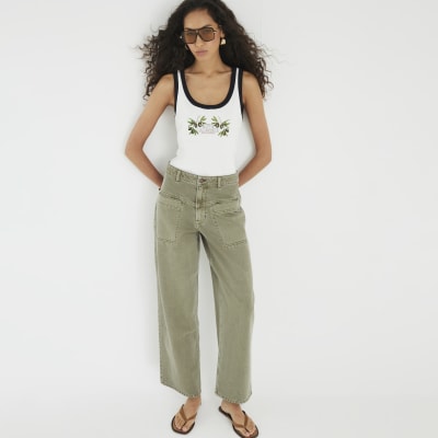 Khaki High Rise Pocket Front Barrel Jeans