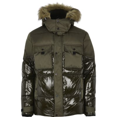 river island black high shine padded faux fur trim jacket