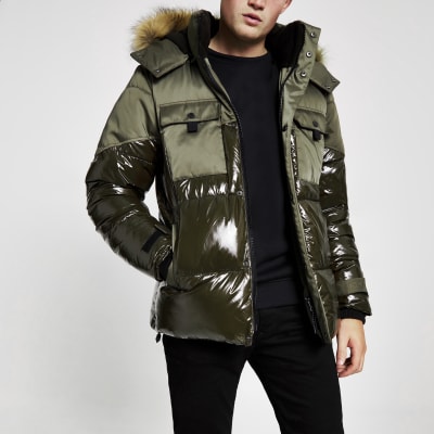 high shine puffer jacket with fur hood