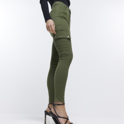 Khaki high waisted cargo skinny jeans River Island